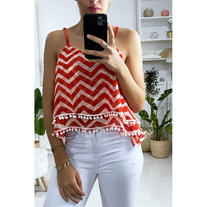 Débardeur à motif rouge et blanc en forme de zigzag avec volant et mini pompon