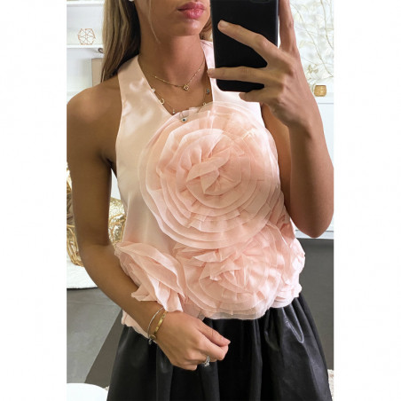 Top de soirée rose avec motif fleur en tulle