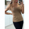 Top moulant taupe a manches bouffantes en tulle