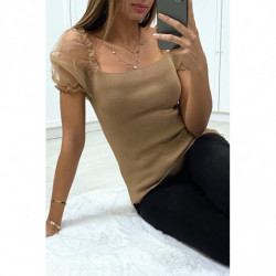 Top moulant taupe a manches bouffantes en tulle