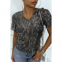 Top argenté avec franges en sequins argenté