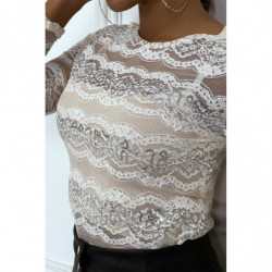 Top beige en dentelle transparent en sequins