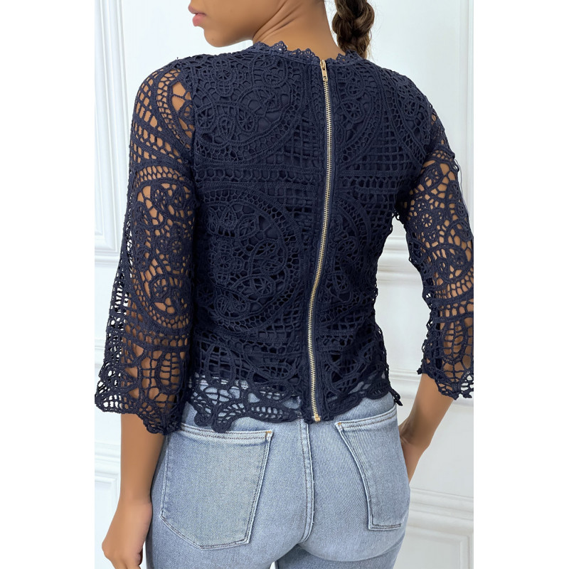 Top manches longues bleu marine en crochet