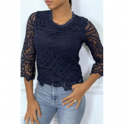 Top manches longues bleu marine en crochet