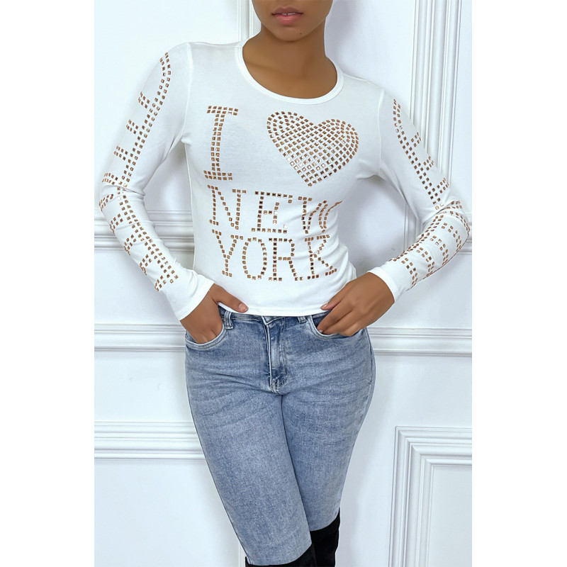 Top manches longue blanc avec écriture en strass