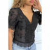 Blouse noir ajourée en  col V