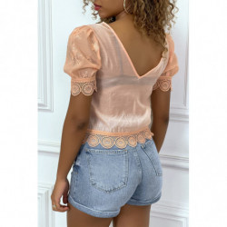 Blouse rose ajourée en  col V