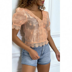 Blouse rose ajourée en  col V