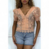 Blouse rose ajourée en  col V