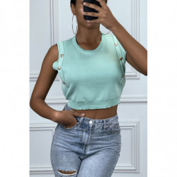 Top debardeur court vert turquoise avec boutons dorée