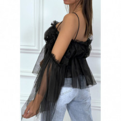 Top en tulle noir à bretelles et épaules denudées