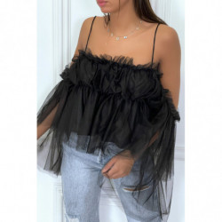 Top en tulle noir à bretelles et épaules denudées