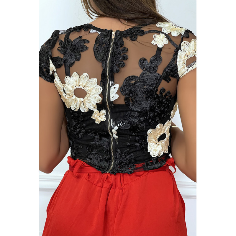 Haut en tulle noir/beige transparent avec des fleurs brodées