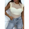 Top beige en dentelle plumetis