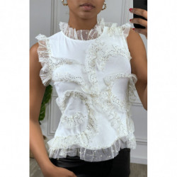 Top blanc en tulle et sequins dorée