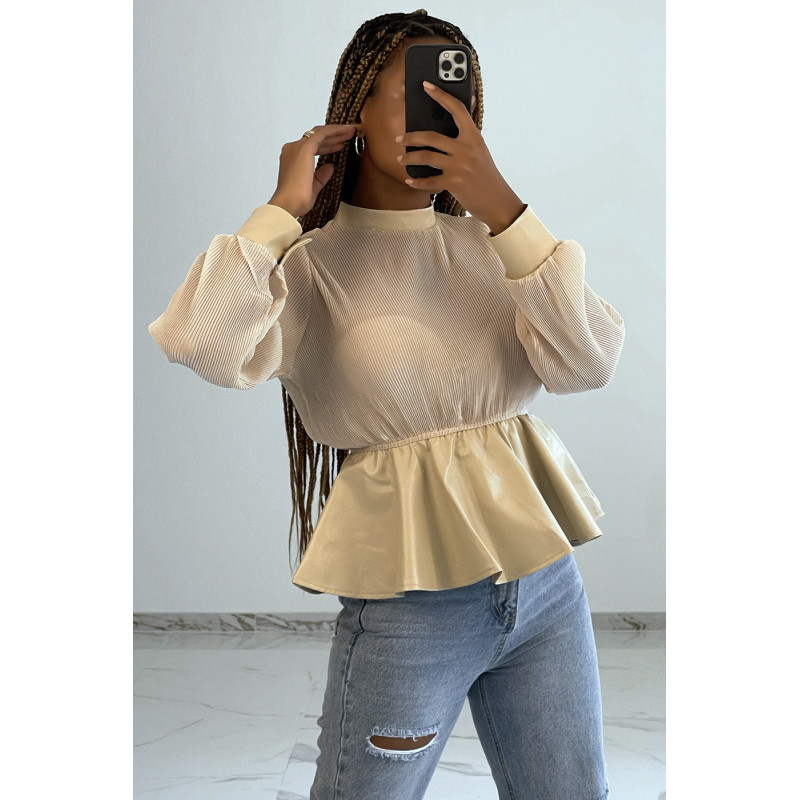 Blouse bi-matière beige en tulle plissée et simiili cuir effet bouffant