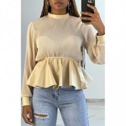 Blouse bi-matière beige en tulle plissée et simiili cuir effet bouffant