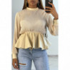 Blouse bi-matière beige en tulle plissée et simiili cuir effet bouffant