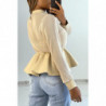 Blouse bi-matière beige en tulle plissée et simiili cuir effet bouffant