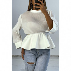 Blouse bi-matière blanc en tulle plissée et simiili cuir effet bouffant