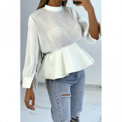 Blouse bi-matière blanc en tulle plissée et simiili cuir effet bouffant