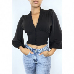 Blouse noire cintrée à la taille avec décolleté  et manches bouffantes