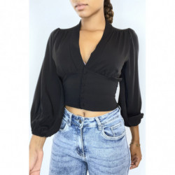 Blouse noire cintrée à la taille avec décolleté  et manches bouffantes