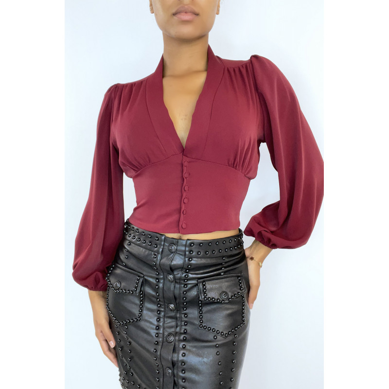 Blouse bordeaux cintrée à la taille avec décolleté  et manches bouffantes