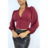 Blouse bordeaux cintrée à la taille avec décolleté  et manches bouffantes