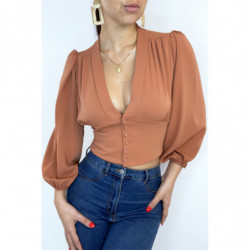 Blouse saumon cintrée à la taille avec décolleté  et manches bouffantes