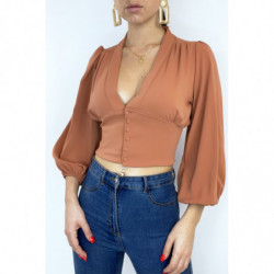 Blouse saumon cintrée à la taille avec décolleté  et manches bouffantes