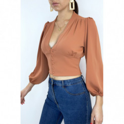 Blouse saumon cintrée à la taille avec décolleté  et manches bouffantes