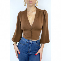 Blouse marron cintrée à la taille avec décolleté  et manches bouffantes