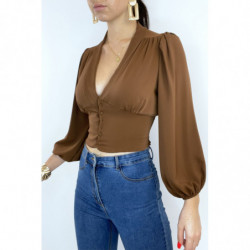 Blouse marron cintrée à la taille avec décolleté  et manches bouffantes