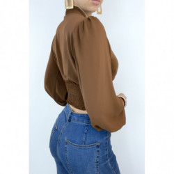 Blouse marron cintrée à la taille avec décolleté  et manches bouffantes