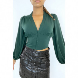 Blouse verte cintrée à la taille avec décolleté  et manches bouffantes