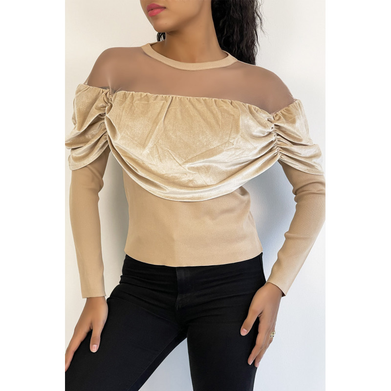 Haut beige effet velours et maille transparente au niveau des épaules pour un effet col bateau