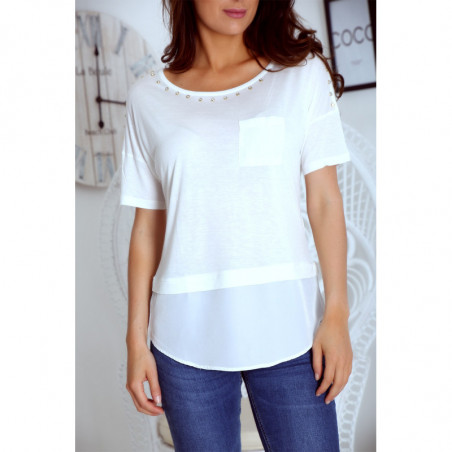 T shirt blanc bi matière avec strass et poche