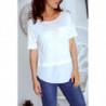 T shirt blanc bi matière avec strass et poche