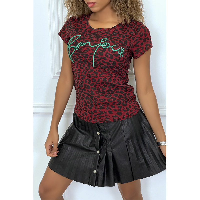 Tee-shirt bordeaux motif leopard et écriture