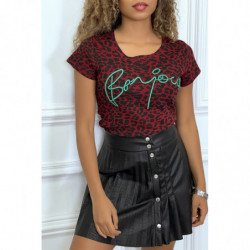 Tee-shirt bordeaux motif leopard et écriture