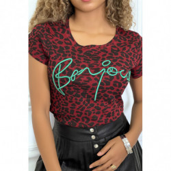 Tee-shirt bordeaux motif leopard et écriture