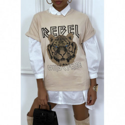 Tee-shirt beige ample avec écriture REBEL et tête de lion