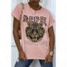 Tee-shirt rose ample avec écriture REBEL et tête de lion