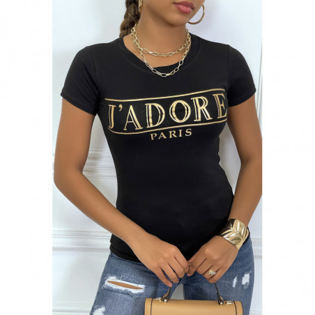 Tee-shirt noir avec écriture J'ADORE en dorée