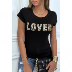 T-shirt noir avec écriture LOVER en sequin et motif leopard