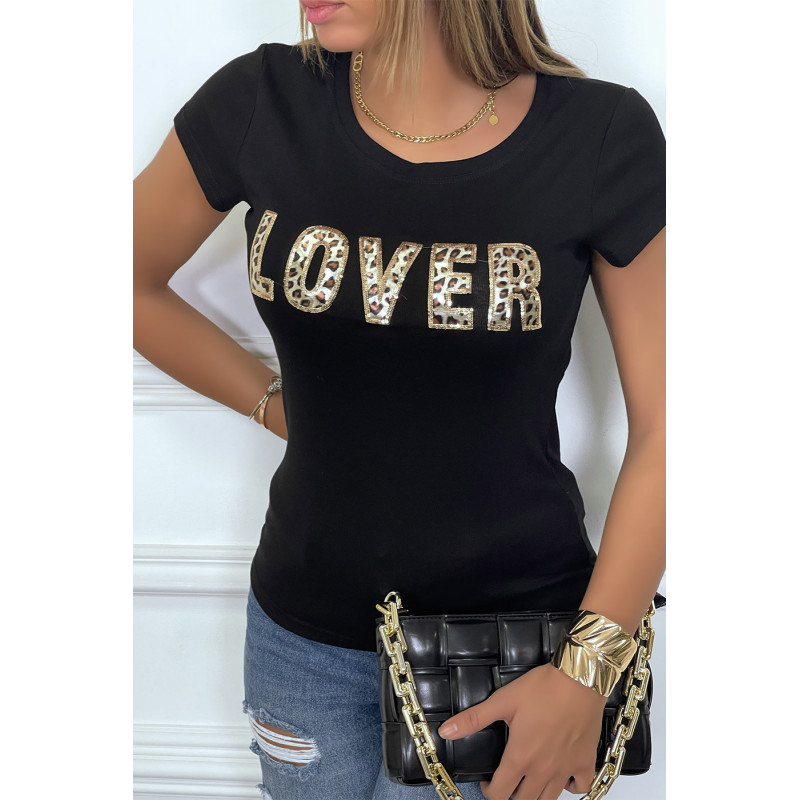 T-shirt noir avec écriture LOVER en sequin et motif leopard