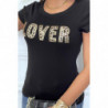 T-shirt noir avec écriture LOVER en sequin et motif leopard