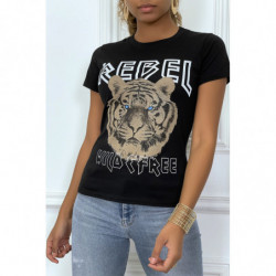 Tee-shirt noir cintrée avec écriture REBEL et tête de lion