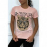 Tee-shirt rose cintrée avec écriture REBEL et tête de lion